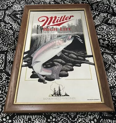 Vintage 1992 Miller High Life Beer  “Rainbow Trout” Mirror Bar Sign Wisconsin  • $59