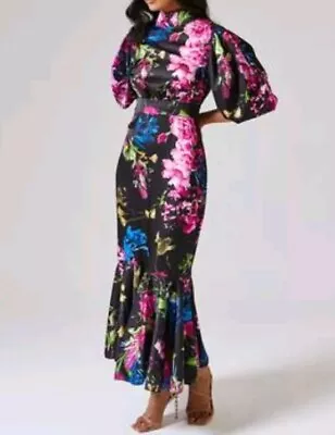 New FOREVER UNIQUE Black & Magenta Floral Midi Puff Sleeve Dress Size 14 BNWT • £35