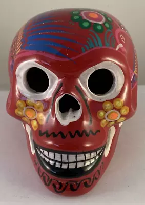 SUGAR SKULL Day Dead Mexican Folk Art 5.5  Red Clay Pottery Ceramic Hand Painted • $12.95