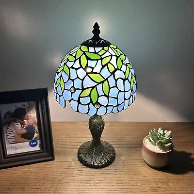 Tiffany Style Mini Table Lamp Blue Stained Glass Vintage Green Leave H14”W8” • $89.99