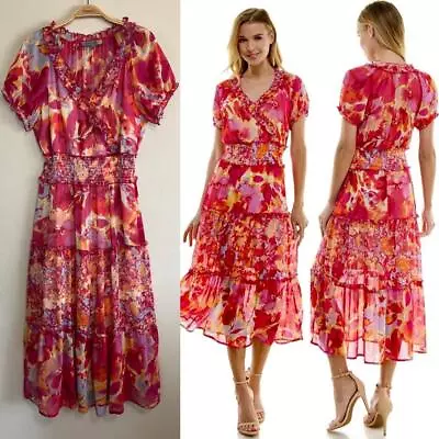 FIGUEROA & FLOWER M L? Spring Summer Floral Chiffon Puff Sleeve Midi Maxi Dress • $19.99
