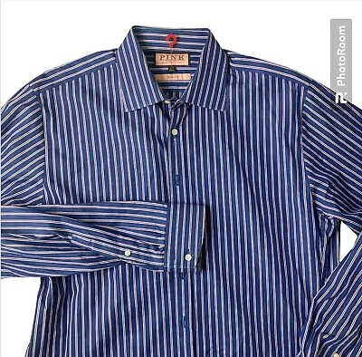 Thomas Pink Shirt Mens 16.5 Button Up Slim Fit Long Sleeve Blue Stripe • $18