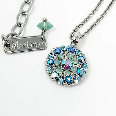 Mariana Silver Tone Guardian Angel Cherub Blue Crystal Pendant Necklace • $39.20