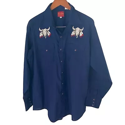 Vintage Plains Western Wear Men's Blue Embroidered Skull Snap Shirt Size XL • $21.95