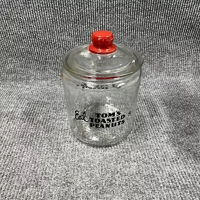 VTG Tom’s Glass Jar Counter Top Eat Toasted Peanuts 5 Cents Embossed Red Knob • $127.14