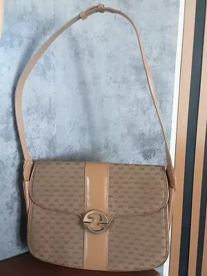 Vtg GUCCI Tan Micro GG Canvas Pleated 2-Way Shoulder Bag Beige Leather & Canvas • $100