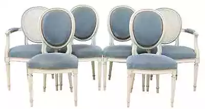 Chairs Dining (6) French Louis XVI Style Painted Blue Velvet Nail Head Trim • $2322