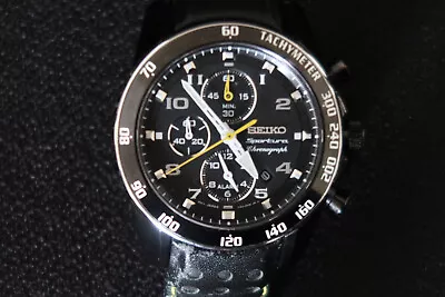 Seiko 7t62 0kv0 Sportura Quartz Chronograph Watch Black And White Leather Strap • £249.99