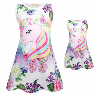 $0.99 • Buy Girls Dresses Children Unicorn Sleeveless Kids Dress Size 130