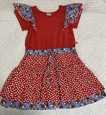 Oobi Girls Red Dress Size 5yrs Cotton Print Tiered Skirt Tie-waist Cap-sleeve • $7