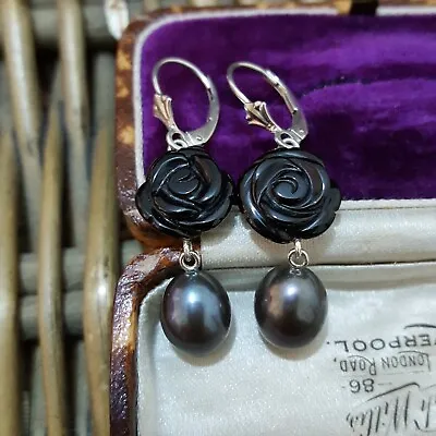 QVC 925 Sterling Silver Earrings Carved Black Agate And Black Pearl Rose  • £43.99