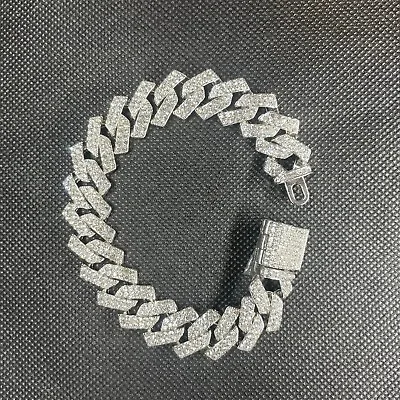 Mens Silver Iced Out Square Cuban Curb Link Bracelet Bling • £9.69