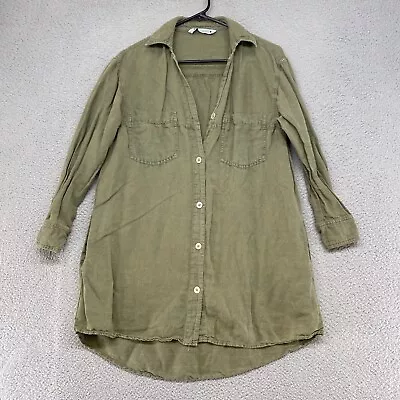 Zara Tunic Top Womens Small Linen Blend Lagenlook Green Pockets Button Down • $24.95