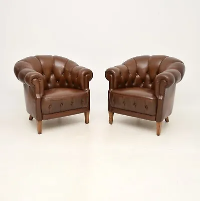 Pair Of Antique Swedish Leather Club Armchairs • £3950