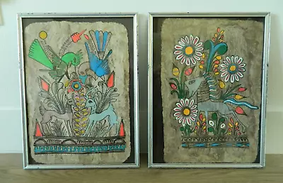 Vtg. Mexican Amate Bark Paper Hand Painted Folk Art Birds Horses Set Of 2 • $50