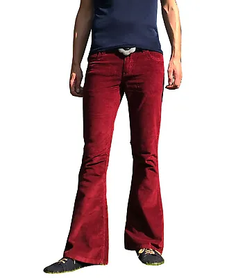 £38.90 • Buy FLARES Burgundy Mens STRETCH Bell Bottoms Cords Hippie Vtg Indie Trousers 70s