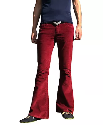 FLARES Burgundy Mens STRETCH Bell Bottoms Cords Hippie Vtg Indie Trousers 70s • $107.29