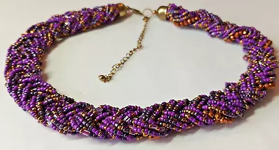  SB29 --gorgeous Multi-row Purple & Bronze Glass Beads Plaited Necklace • £8