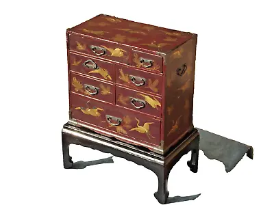 Japanese Gilded Red Lacque Table Top Drawers On Stand With 21 Illustrated Cranes • £175