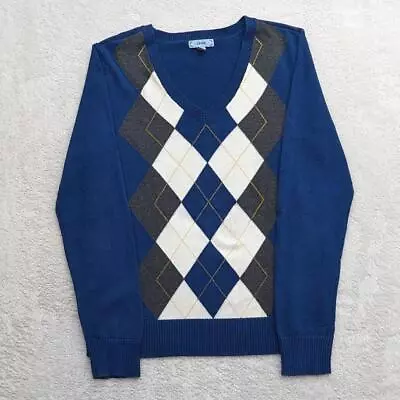 Mens Izod Argyle Sweater Blue V-Neck Smart Casual Cotton Pullover Jumper Medium • £10