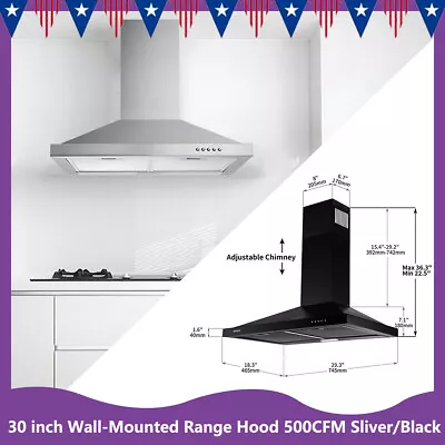 30in Kitchen Wall-Mounted Range Hood Stainless Steel 500CFM 3-Speed Sliver/Black • $117.99