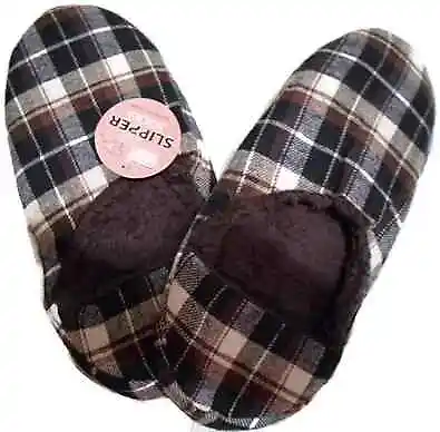  Mens Slipper Socks Plaid Fleece Grippers Non-Skid Non-Slip Large Brown Black • $24.28