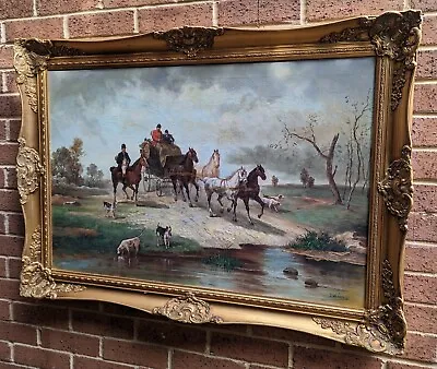 Hunting On Horseback Very Large Vintage Framed Oil Painting Statement Artwork  • £498