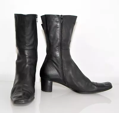 Vintage Black Genuine Leather Long Square Toe Women's Low Calf Boots Size 38 • $40