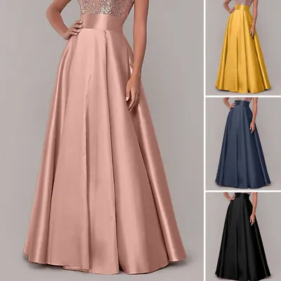 UK Womens Satin A-Line High Waist Party Gown Skirts Flare Swing Long Maxi Dress • £13.99