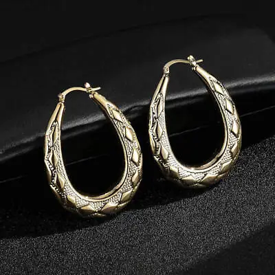 Premium Gold 18K GF 50mm Oval Diamond Pattern Creole Hoop Earrings • £24.99