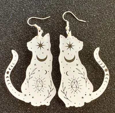 Celestial Cats Acrylic Earrings Laser Cut Jewellery Cat Earrings • $22