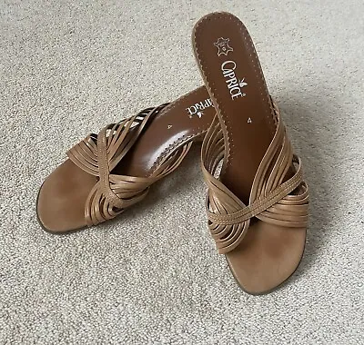 Caprice Neutral Leather Cork Wedge Sandal Size 4 • £10.95