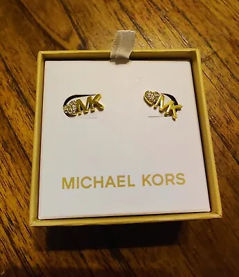 MIchael Kors Pave Heart MK Logo Studs Earrings Goldtone New In Box Original  • $44.99