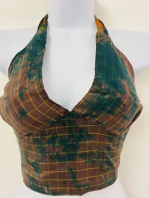 Brown Green Vest Top Silk Festival Indian Boho Tie Dye Summer Folk Halterneck • £19.54