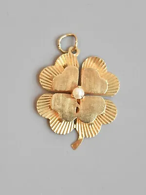 Vintage 14K Gold Large Engine Turned Double Layer Four Leaf Clover Pendant • $550