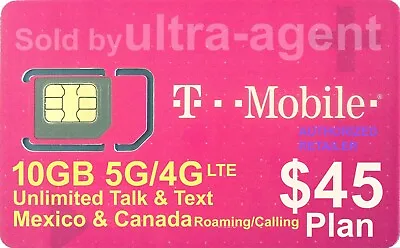 T-Mobile SIM Card With Prepaid $45 Plan 10GB 5G/4G LTE + Mexico/Canada 30 Days  • $29.50