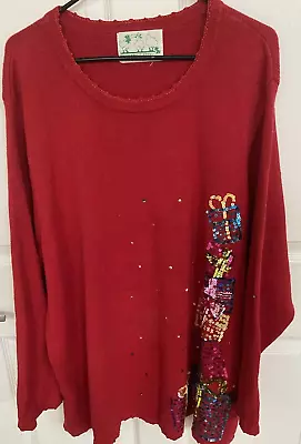 Quaker Factory Red Christmas Presents Sweater Vintage 2XL Long Sleeve • $24.95