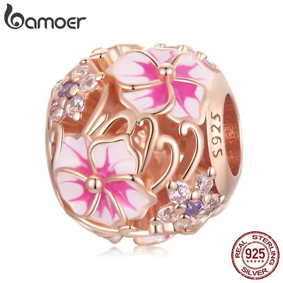 BAMOER 925 Sterling Silver Romantic Shining Cherry Blossom Bead Bracelet Charm • $13.35