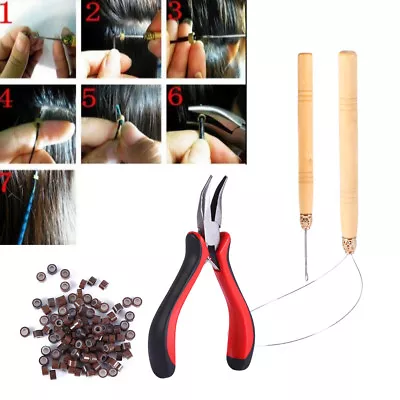 Hair Extensions Pliers Hook Tool Kit For Micro Rings Loop +100pcs Silicone Bead • £7.97