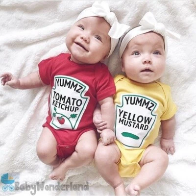 Baby Boys Girls Twins Tomato Ketchup Yellow Mustard One Piece Romper Costume 0-2 • $15.95