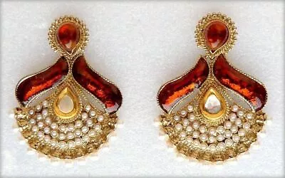Ethnic Traditional Indian Gold Brown Pearl Enamel Wedding Party Jewelry Earrings • $12.68