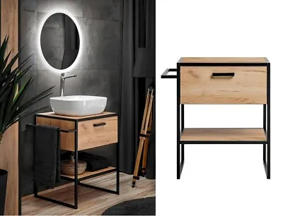 Bathroom Vanity Unit 700 Countertop Sink Floor Cabinet Black / Oak Loft Brook • £389.95
