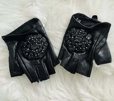 Karl Lagerfeld Embellished Black Leather Fingerless Gloves Sz M/L BNWOT • £64.99