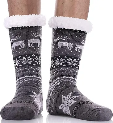 Men's Fleece Lined Cozy Extra Thick Slipper Socks Winter Non-Slip Fuzzy BLK Deer • $6.99