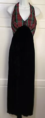 Vintage Psychedelic 70's Taffeta Plaid Halter Black Velvet Maxi Dress Formal M • $39.99