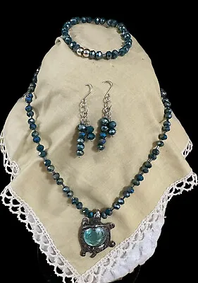 Blue Sea Turtle Pendant Necklace Bracelet Earrings Set Vintage Crystal Jewelry • $29