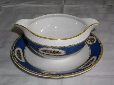 Myott HARVEST 1613 Pattern Gravy Boat W/Underplate - Blue Rim W/ Fruit VERY RARE • $14.40