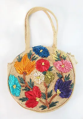 Nice Vintage Boho Embroidered Floral Woven Straw Bag Purse • $29.99