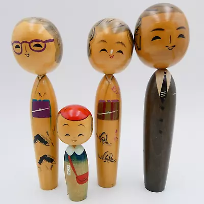 Kokeshi Family Dolls Wood Nodders Bobble Head Dad In Suit Mom Grandma Kid VTG • $39.98