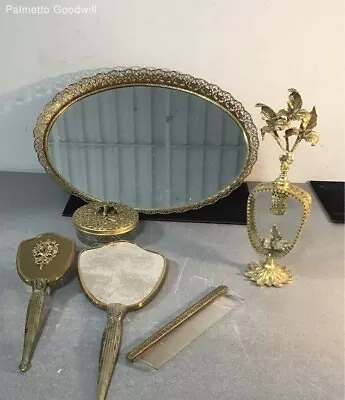 Vintage Globe 24K GP Ormolu Mirror Brush Comb Perfume Bottle & Powder Dish • $100